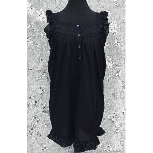 Victorian Black Cotton Nightgown with Ruffle Trim | Sleeveless Sleepwear | SoieRose SR1174