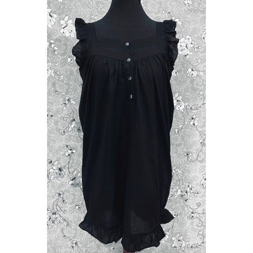Victorian Black Cotton Nightgown with Ruffle Trim | Sleeveless Sleepwear | SoieRose SR1174