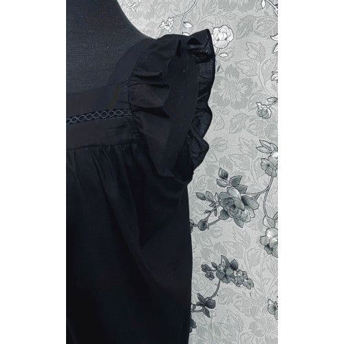 Victorian Black Cotton Nightgown with Ruffle Trim | Sleeveless Sleepwear | SoieRose SR1174