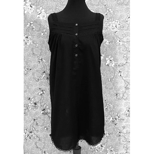 Victorian Black Cotton Nightgown with Lace Trim | Sleeveless Button Front | SoieRose SR1173