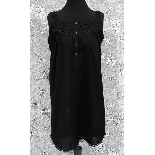 Victorian Black Cotton Nightgown with Lace Trim | Sleeveless Button Front | SoieRose SR1173