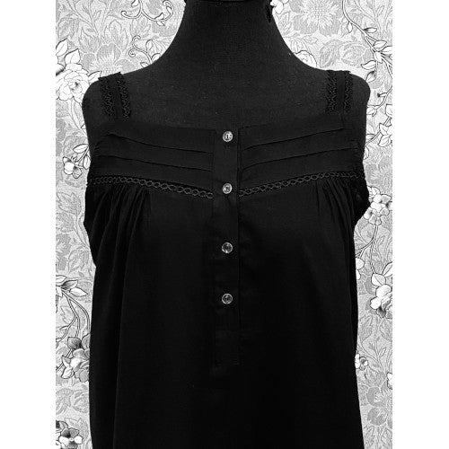 Victorian Black Cotton Nightgown with Lace Trim | Sleeveless Button Front | SoieRose SR1173