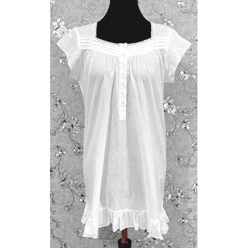 Victorian Short Sleeve Cotton Nightgown | White Ruffle Hem Nightdress | SoieRose SR1167 | 100% Cotton Vintage-Inspired Sleepwear & Loungewear for Women