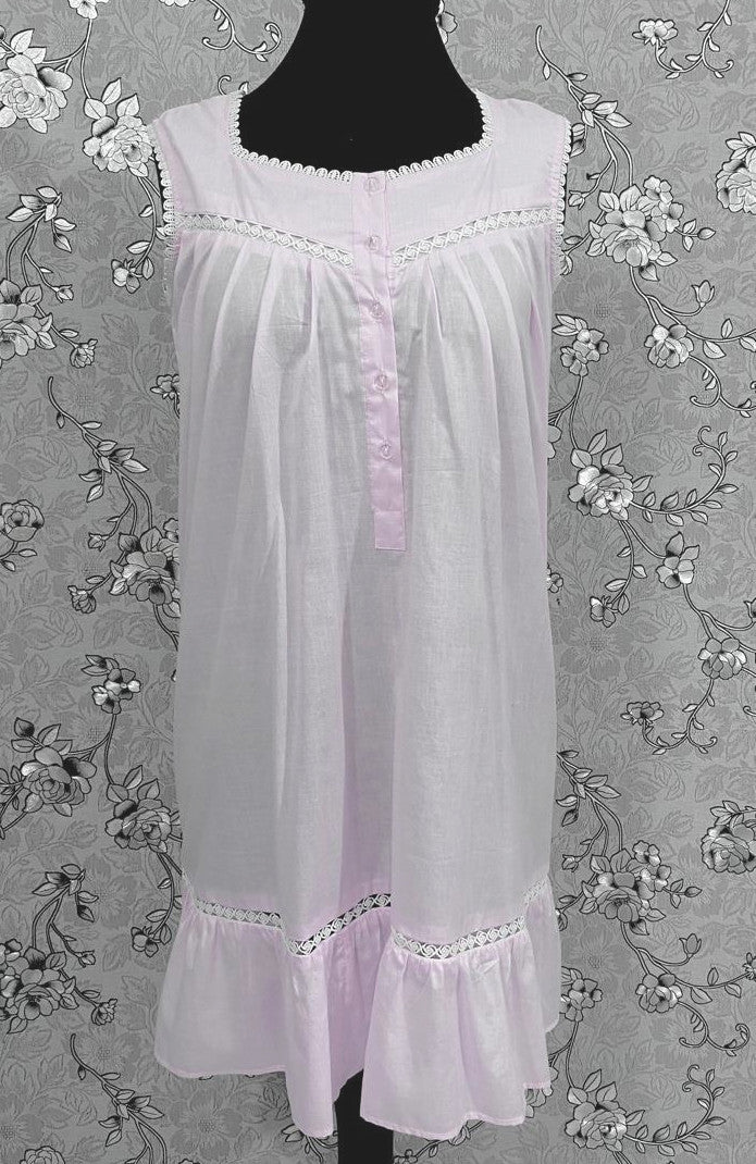 Victorian Pale Pink Cotton Nightgown | Sleeveless Eyelet Trim Nightdress | Ruffle Hem Sleepwear | Vintage Style SoieRose SR1140