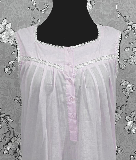 Victorian Pale Pink Cotton Nightgown | Sleeveless Eyelet Trim Nightdress | Ruffle Hem Sleepwear | Vintage Style SoieRose SR1140