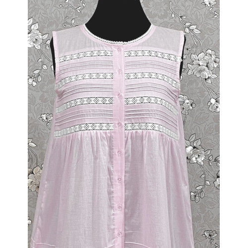 Victorian Pale Pink Cotton Nightgown with Eyelet Lace & Ruffle Hem | Sleeveless | SoieRose SR1135