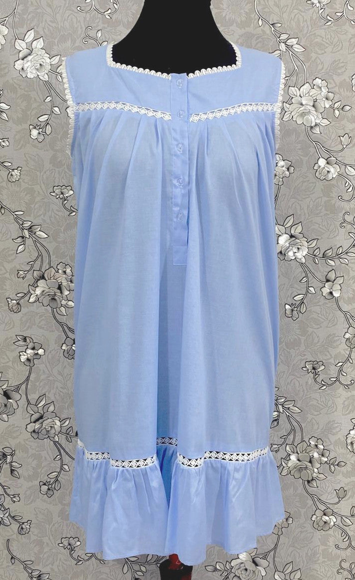 Victorian Periwinkle Cotton Nightgown | Sleeveless Eyelet Trim Nightdress | Ruffle Hem Sleepwear | Vintage Style SoieRose SR1139