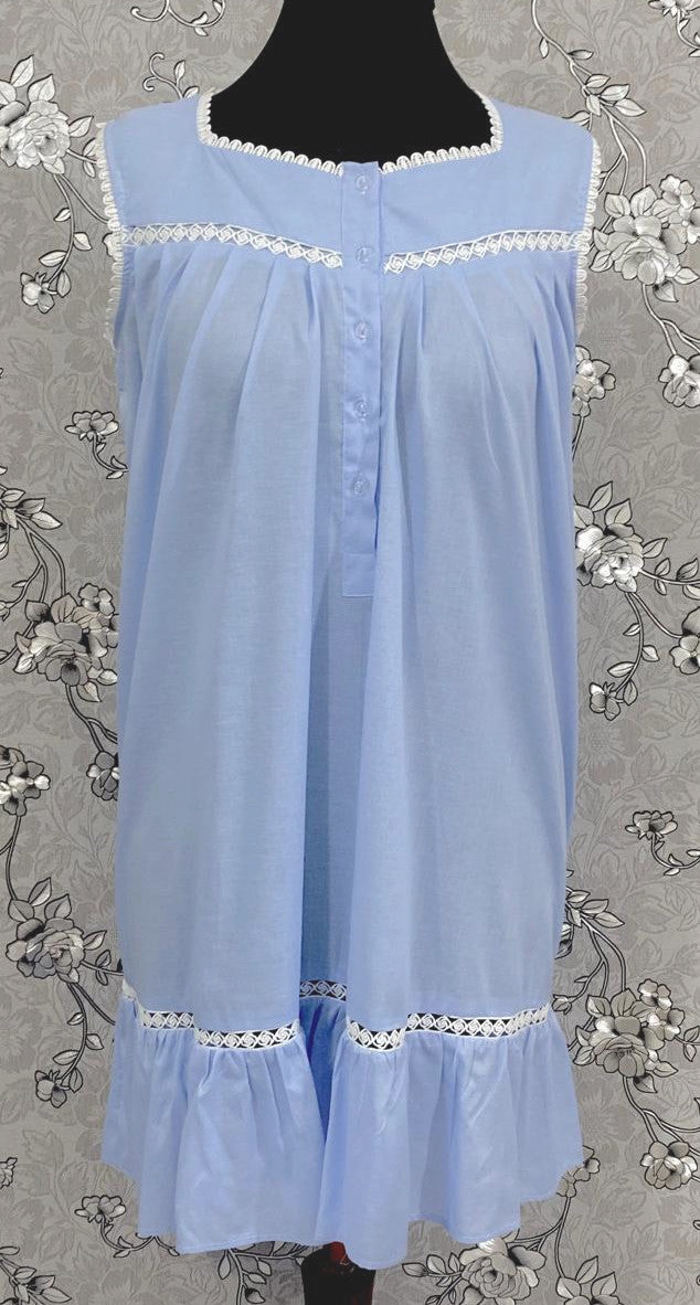 Victorian Periwinkle Cotton Nightgown | Sleeveless Eyelet Trim Nightdress | Ruffle Hem Sleepwear | Vintage Style SoieRose SR1139