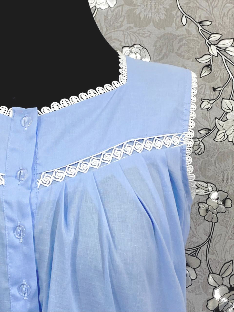 Victorian Periwinkle Cotton Nightgown | Sleeveless Eyelet Trim Nightdress | Ruffle Hem Sleepwear | Vintage Style SoieRose SR1139