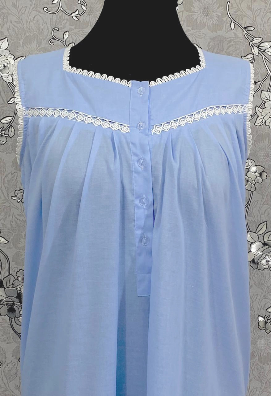 Victorian Periwinkle Cotton Nightgown | Sleeveless Eyelet Trim Nightdress | Ruffle Hem Sleepwear | Vintage Style SoieRose SR1139