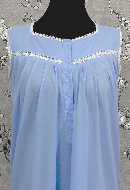 Victorian Periwinkle Cotton Nightgown | Sleeveless Eyelet Trim Nightdress | Ruffle Hem Sleepwear | Vintage Style SoieRose SR1139