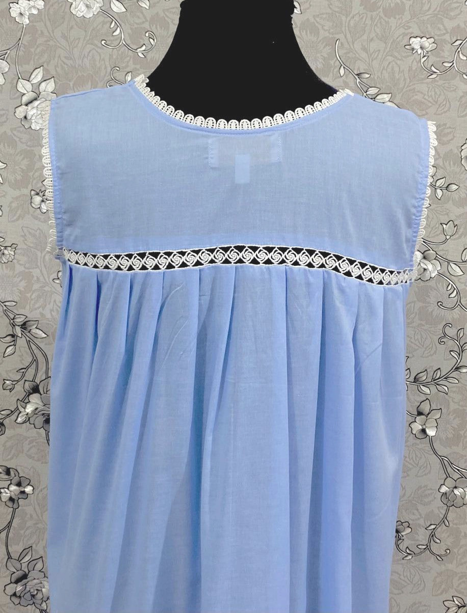 Victorian Periwinkle Cotton Nightgown | Sleeveless Eyelet Trim Nightdress | Ruffle Hem Sleepwear | Vintage Style SoieRose SR1139