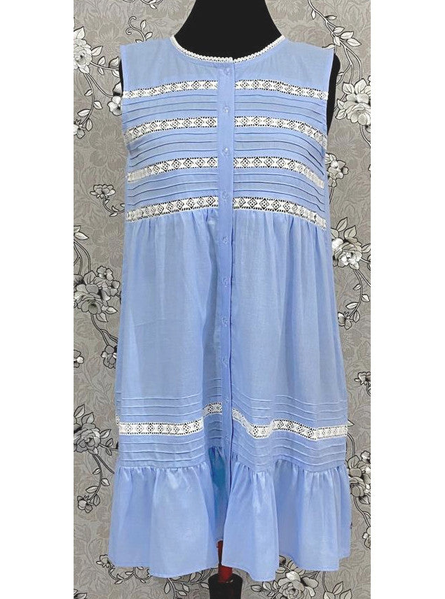 Victorian Periwinkle Cotton Nightgown with Eyelet Lace & Ruffle Hem | Sleeveless | SoieRose SR1134