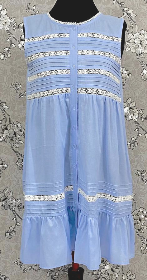 Victorian Periwinkle Cotton Nightgown with Eyelet Lace & Ruffle Hem | Sleeveless | SoieRose SR1134