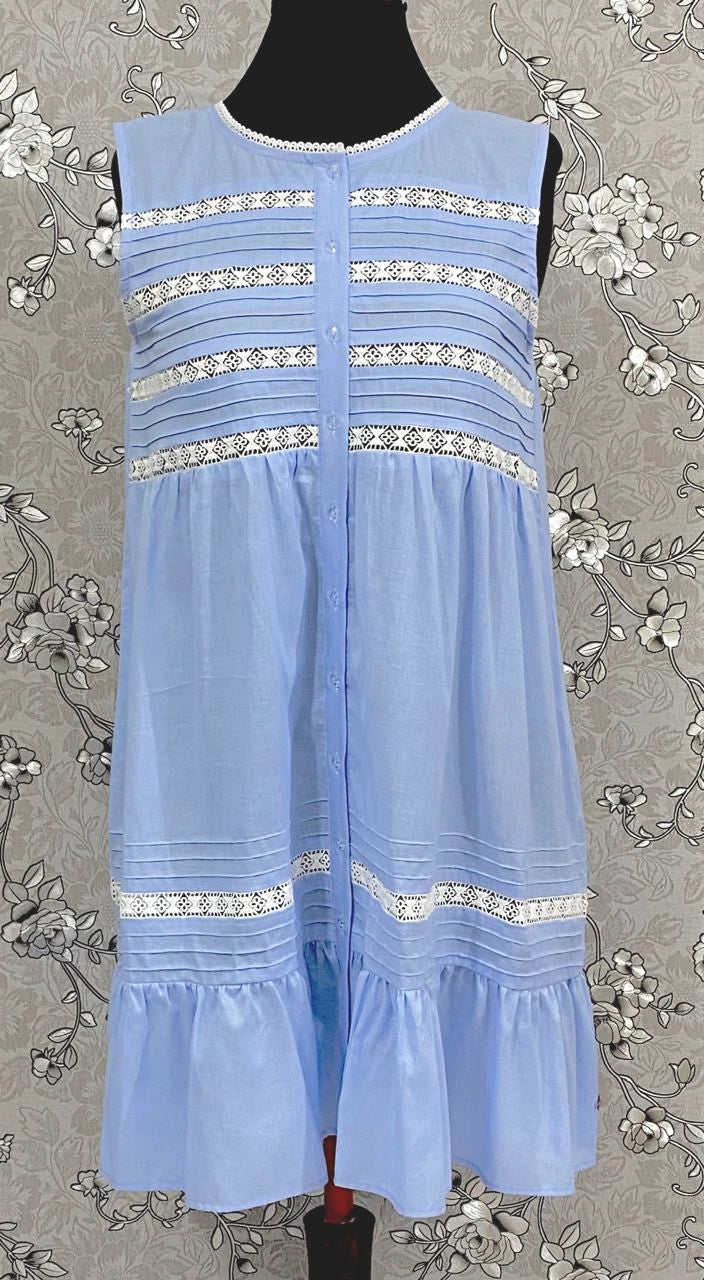 Victorian Periwinkle Cotton Nightgown with Eyelet Lace & Ruffle Hem | Sleeveless | SoieRose SR1134