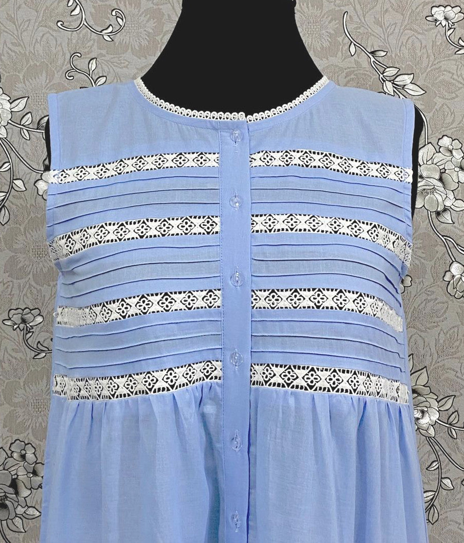 Victorian Periwinkle Cotton Nightgown with Eyelet Lace & Ruffle Hem | Sleeveless | SoieRose SR1134