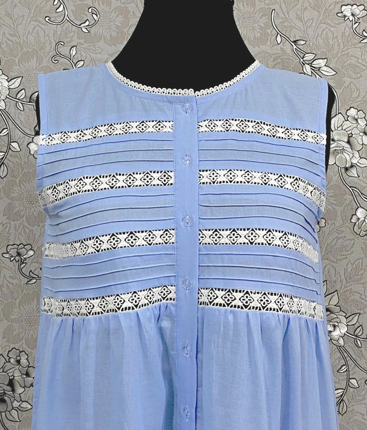 Victorian Periwinkle Cotton Nightgown with Eyelet Lace & Ruffle Hem | Sleeveless | SoieRose SR1134