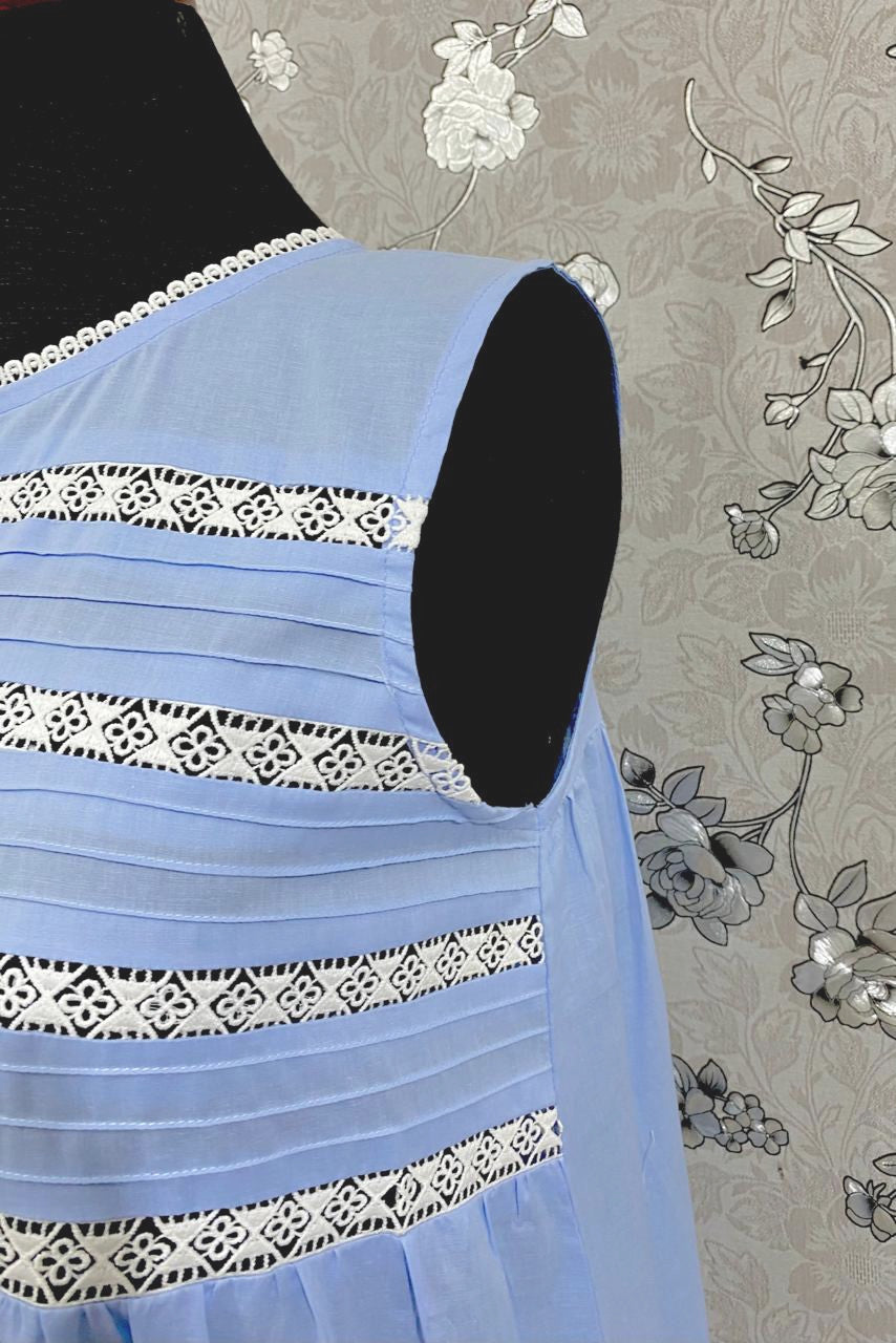 Victorian Periwinkle Cotton Nightgown with Eyelet Lace & Ruffle Hem | Sleeveless | SoieRose SR1134