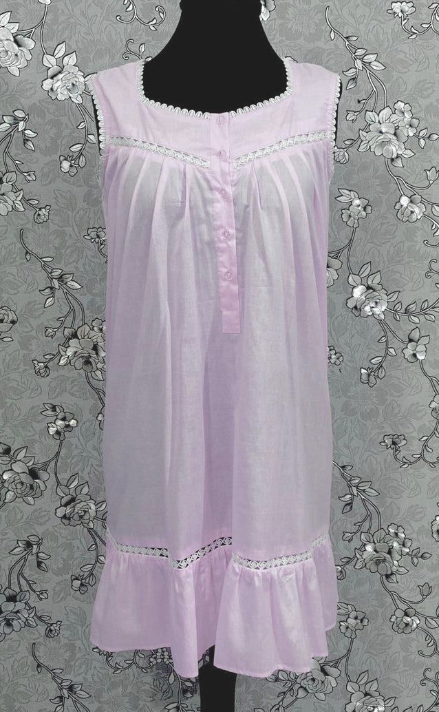 Victorian Pink Cotton Nightgown | Sleeveless Eyelet Trim Nightdress | Ruffle Hem Sleepwear | Vintage Style SoieRose SR1138
