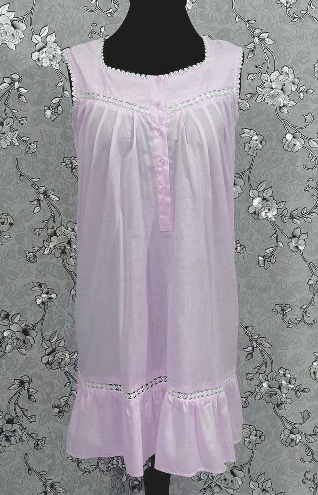 Victorian Pink Cotton Nightgown | Sleeveless Eyelet Trim Nightdress | Ruffle Hem Sleepwear | Vintage Style SoieRose SR1138