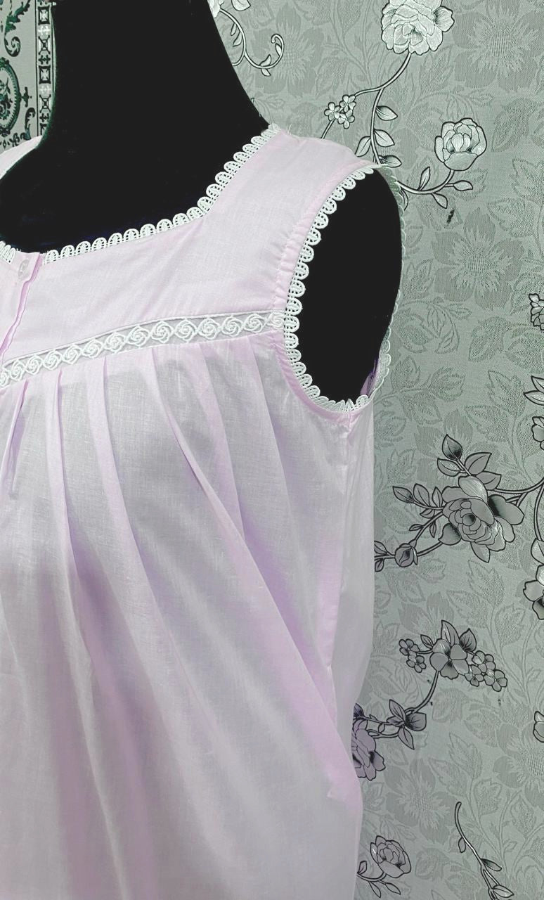 Victorian Pink Cotton Nightgown | Sleeveless Eyelet Trim Nightdress | Ruffle Hem Sleepwear | Vintage Style SoieRose SR1138