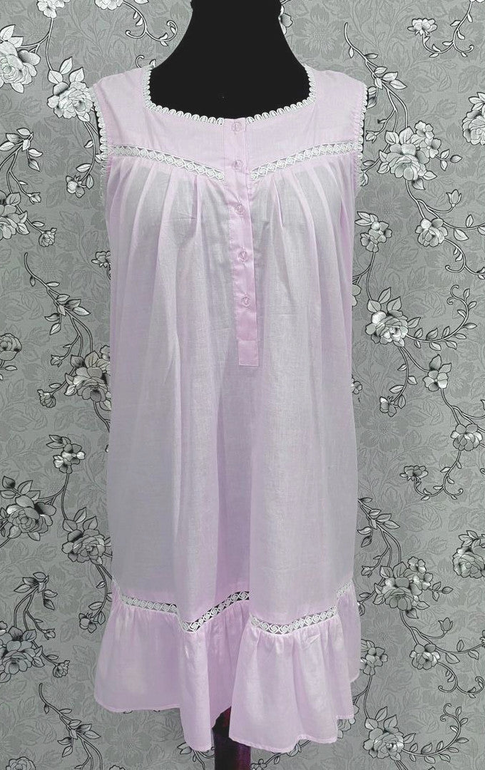 Victorian Pink Cotton Nightgown | Sleeveless Eyelet Trim Nightdress | Ruffle Hem Sleepwear | Vintage Style SoieRose SR1138