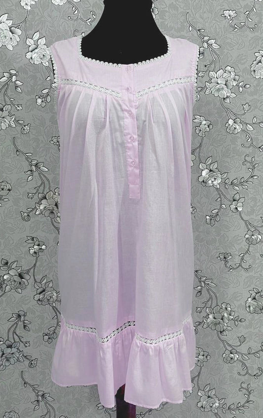 Victorian Pink Cotton Nightgown | Sleeveless Eyelet Trim Nightdress | Ruffle Hem Sleepwear | Vintage Style SoieRose SR1138