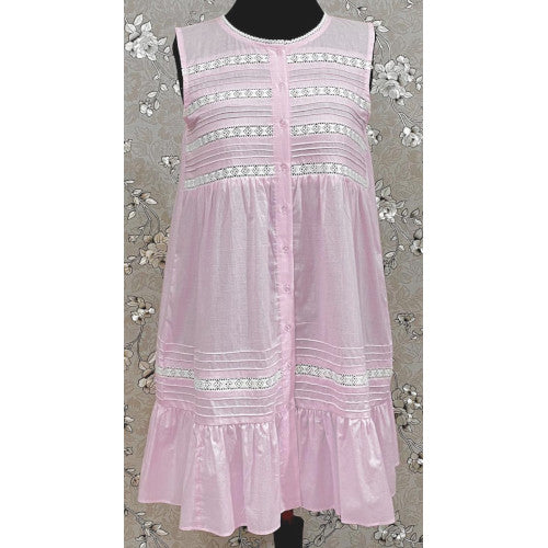 Victorian Pink 100% Cotton Nightgown with Eyelet Lace & Ruffle Hem | Sleeveless | SoieRose SR1133