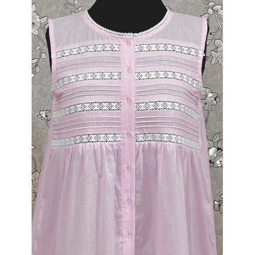 Victorian Pink 100% Cotton Nightgown with Eyelet Lace & Ruffle Hem | Sleeveless | SoieRose SR1133