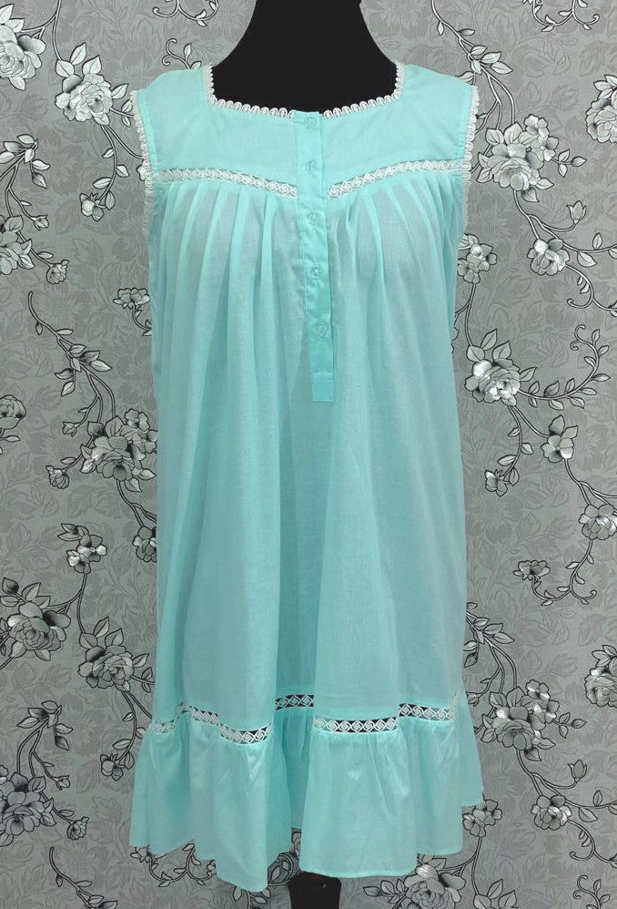 Victorian Sea Green Cotton Nightgown | Sleeveless Eyelet Trim Nightdress | Ruffle Hem Sleepwear | Vintage Style SoieRose SR1141