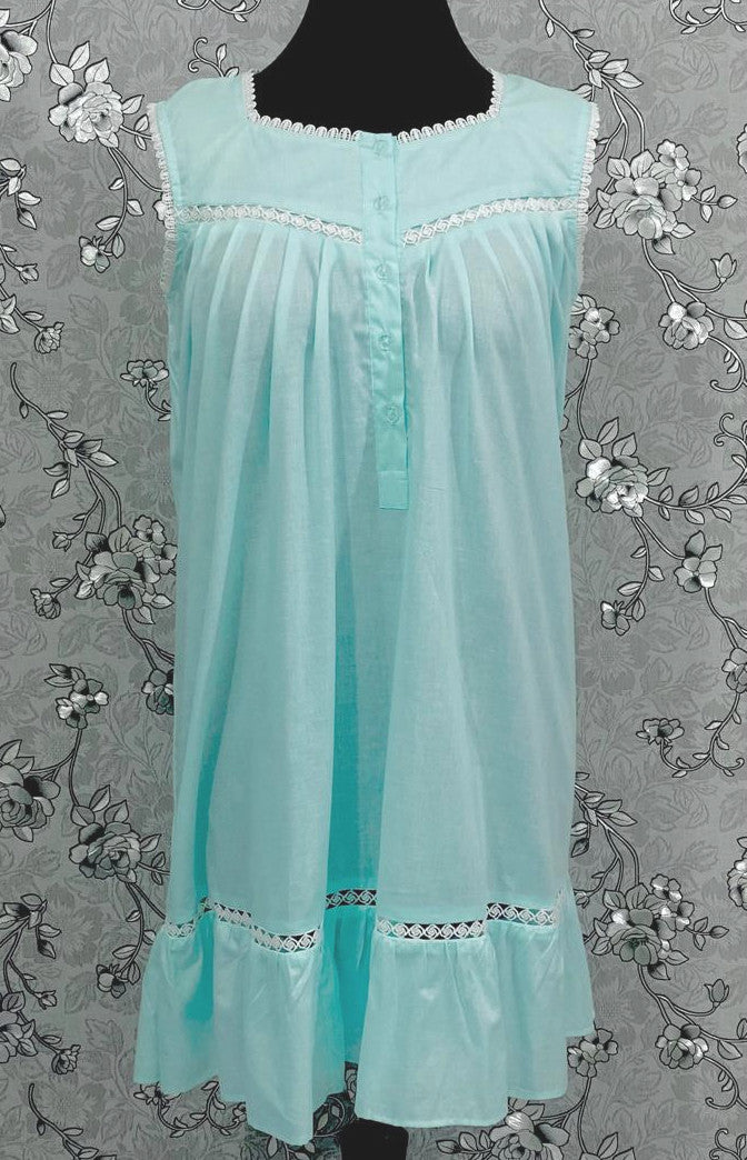 Victorian Sea Green Cotton Nightgown | Sleeveless Eyelet Trim Nightdress | Ruffle Hem Sleepwear | Vintage Style SoieRose SR1141