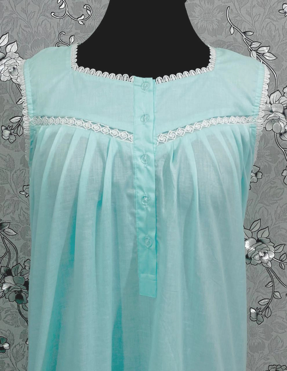 Victorian Sea Green Cotton Nightgown | Sleeveless Eyelet Trim Nightdress | Ruffle Hem Sleepwear | Vintage Style SoieRose SR1141