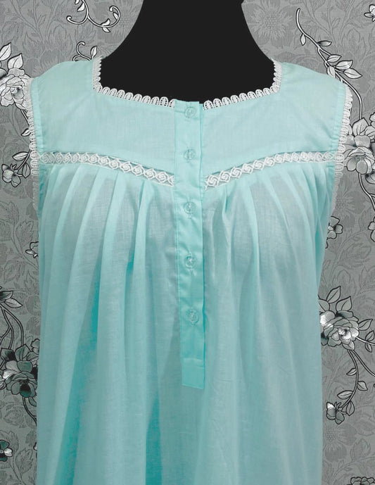 Victorian Sea Green Cotton Nightgown | Sleeveless Eyelet Trim Nightdress | Ruffle Hem Sleepwear | Vintage Style SoieRose SR1141