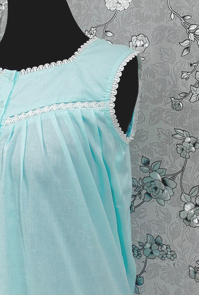 Victorian Sea Green Cotton Nightgown | Sleeveless Eyelet Trim Nightdress | Ruffle Hem Sleepwear | Vintage Style SoieRose SR1141