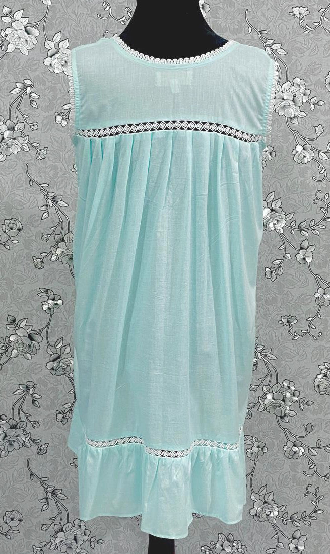 Victorian Sea Green Cotton Nightgown | Sleeveless Eyelet Trim Nightdress | Ruffle Hem Sleepwear | Vintage Style SoieRose SR1141