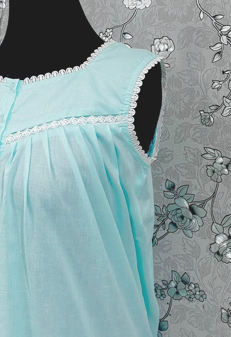 Victorian Sea Green Cotton Nightgown | Sleeveless Eyelet Trim Nightdress | Ruffle Hem Sleepwear | Vintage Style SoieRose SR1141