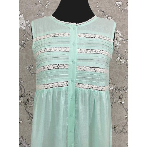 Victorian Sea Green Cotton Nightgown with Eyelet Lace & Ruffle Hem | Sleeveless | SoieRose SR1136