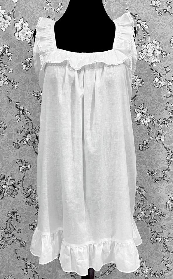 Victorian White 100% Cotton Nightgown – Ruffle Trim Sleeveless Sleep Dress by SoieRose SR1176