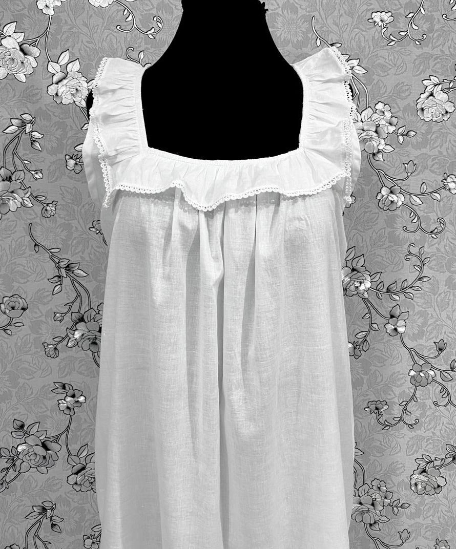 Victorian White 100% Cotton Nightgown – Ruffle Trim Sleeveless Sleep Dress by SoieRose SR1176