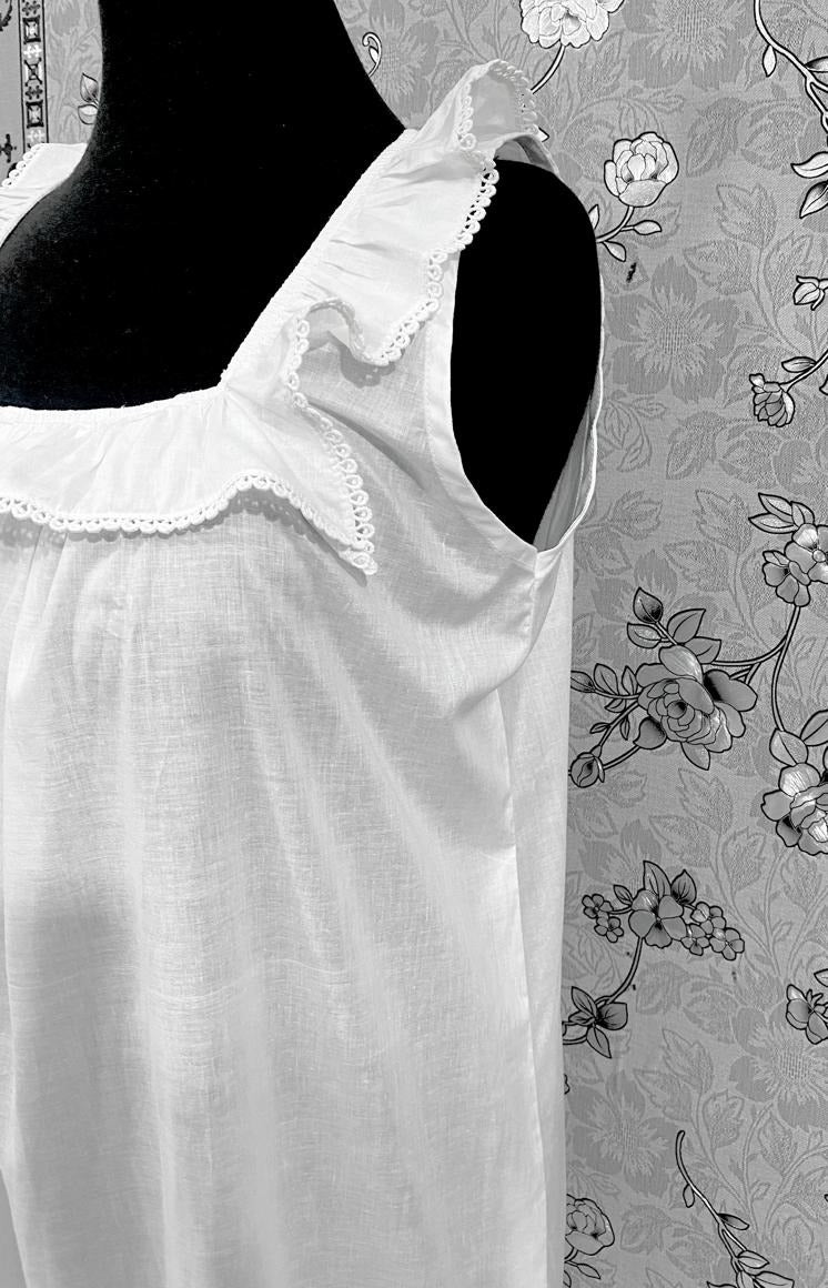 Victorian White 100% Cotton Nightgown – Ruffle Trim Sleeveless Sleep Dress by SoieRose SR1176