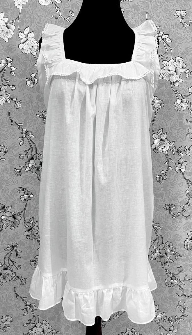 Victorian White 100% Cotton Nightgown – Ruffle Trim Sleeveless Sleep Dress by SoieRose SR1176
