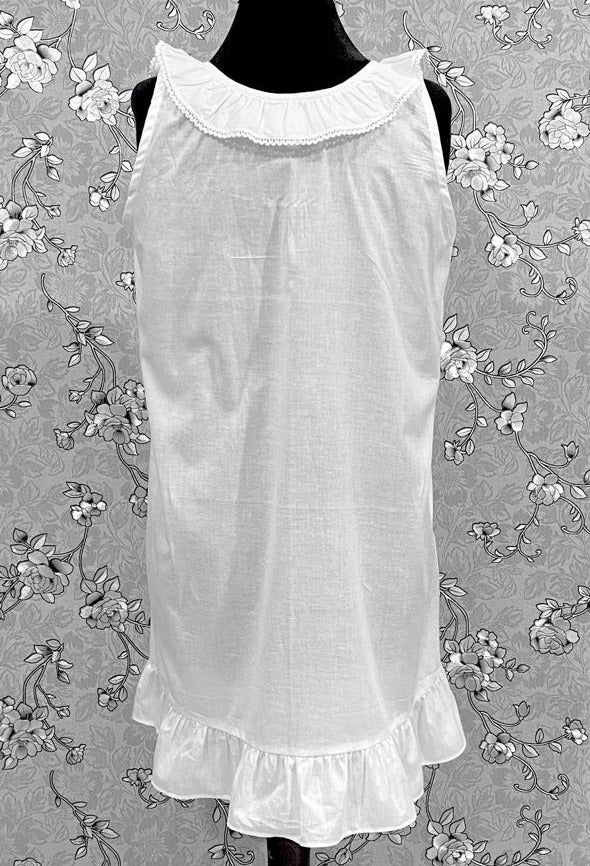 Victorian White 100% Cotton Nightgown – Ruffle Trim Sleeveless Sleep Dress by SoieRose SR1176