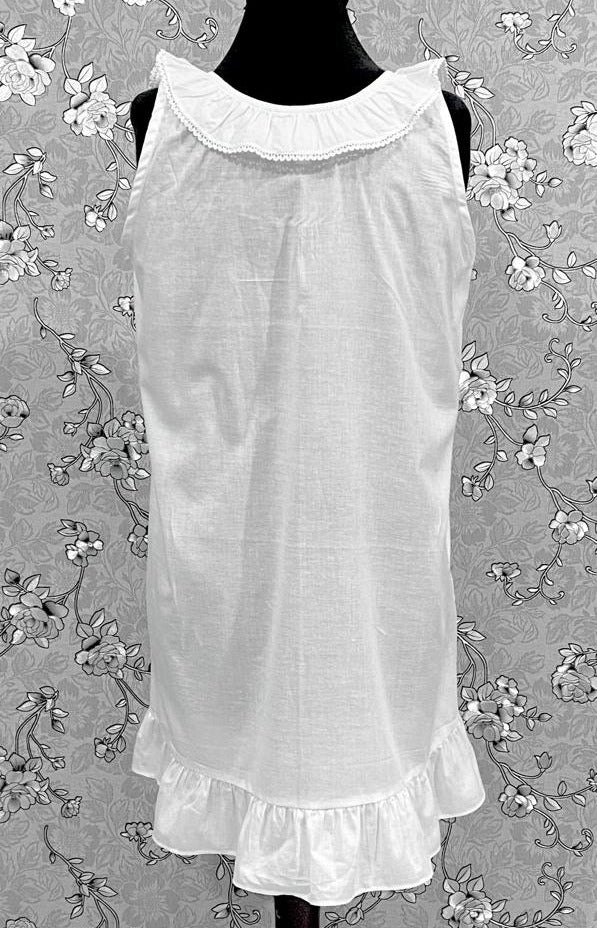 Victorian White 100% Cotton Nightgown – Ruffle Trim Sleeveless Sleep Dress by SoieRose SR1176