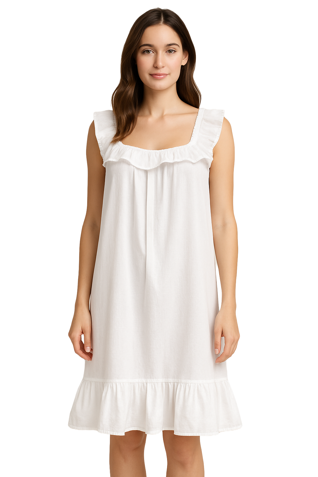 Victorian White 100% Cotton Nightgown – Ruffle Trim Sleeveless Sleep Dress by SoieRose SR1176