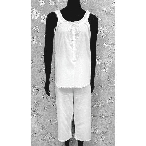 Victorian White Cotton Pajama Set | Lace Trim Cami & Capri Pants | SoieRose SR1172