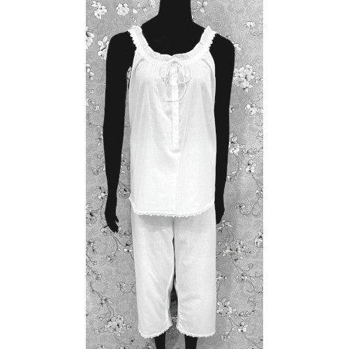 Victorian White Cotton Pajama Set | Lace Trim Cami & Capri Pants | SoieRose SR1172