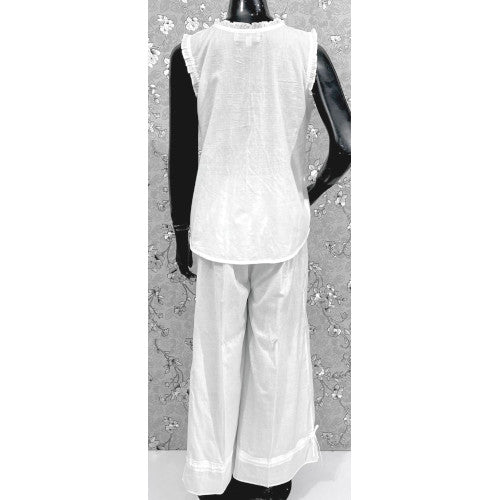 Victorian Cotton Pajama Set with Lace Trim & Ruffle Top | SoieRose SR1175