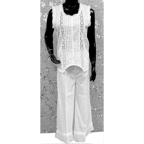 Victorian Cotton Pajama Set with Lace Trim & Ruffle Top | SoieRose SR1175