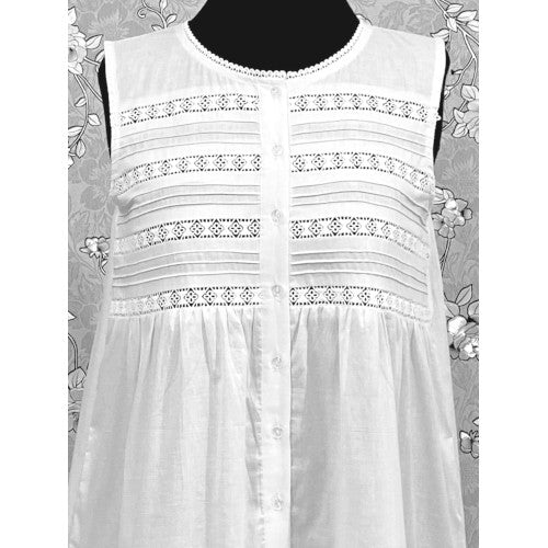 Victorian White Cotton Nightgown with Eyelet Lace & Ruffle Hem | Sleeveless | SoieRose SR1132