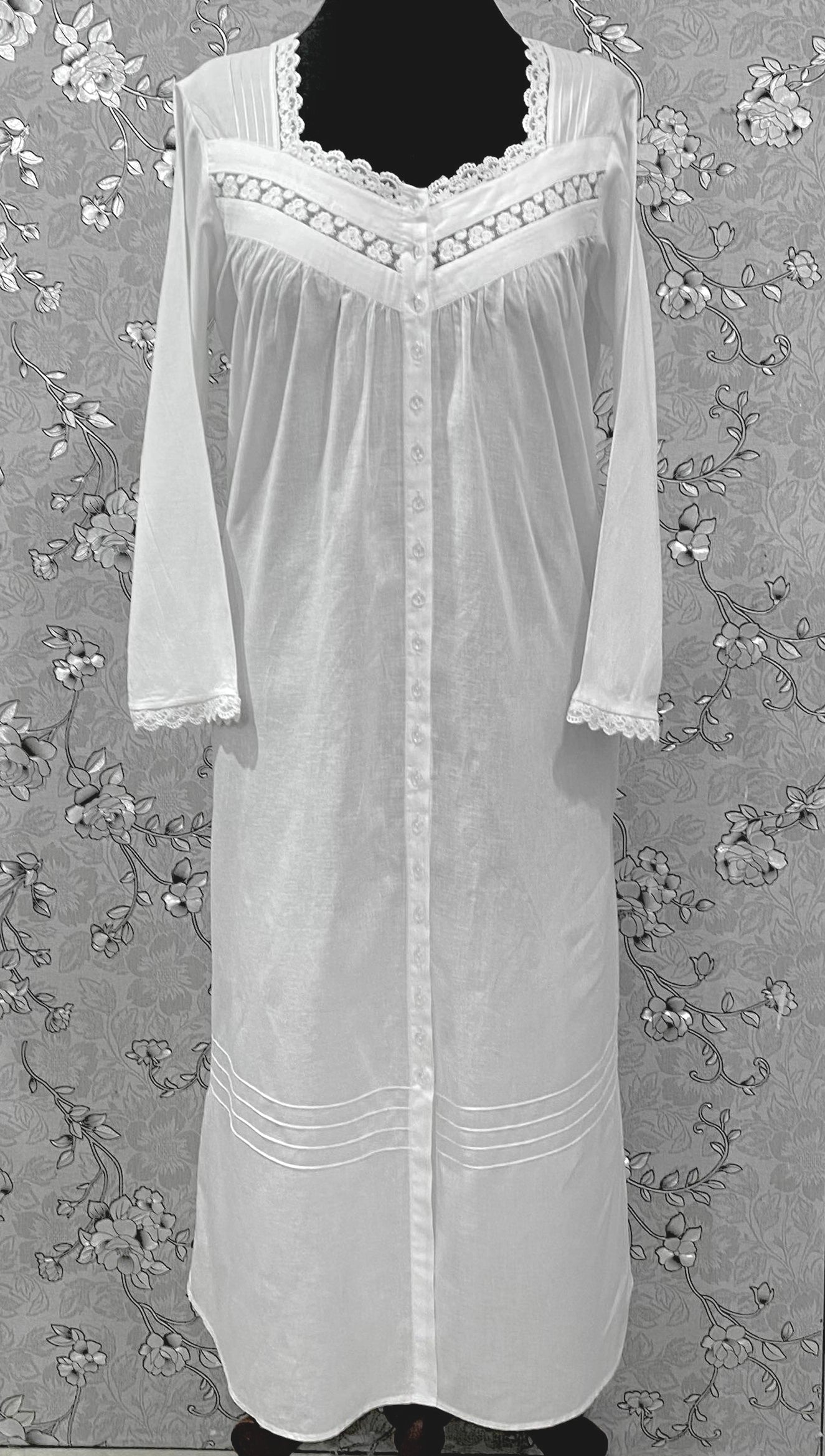 SoieRose Victorian Cotton Nightgown – Long Sleeve Button-Front Nightdress with Lace Trim & Vintage SR-1226